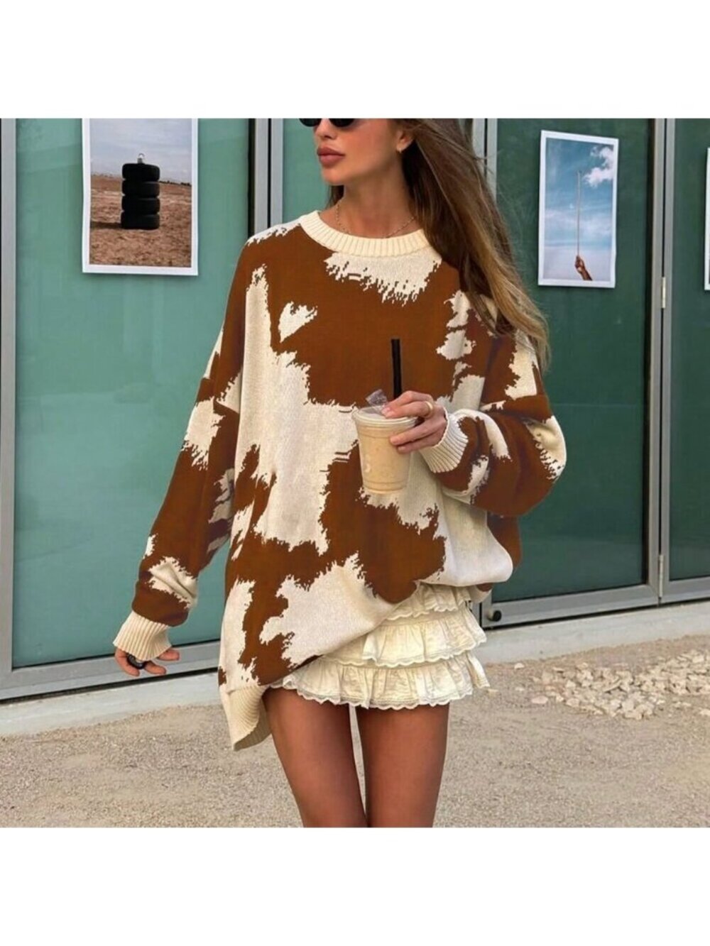 Multicolor Casual Women's Cow Print Western Cowboy Round Neck sweater top